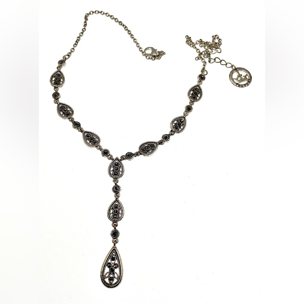 Vintage Signed Trifari Crown Silver Tone Y Necklace With Black Rhinestones